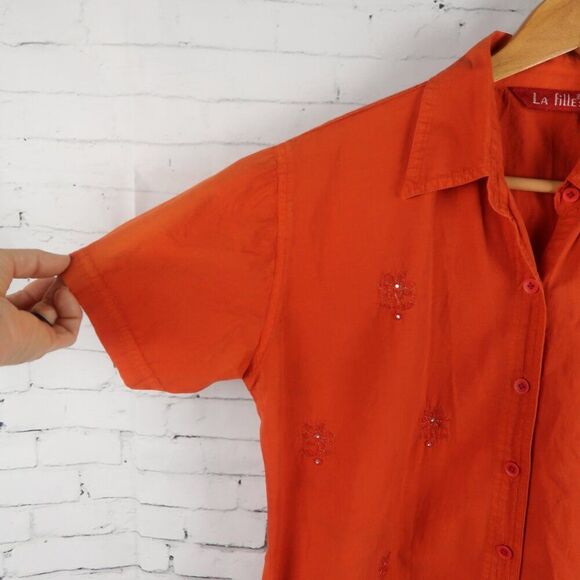 LA FILLE ORANGE SHORT SLEEVE BUTTON DOWN COTTON TOP WITH EMBROIDERED DETAIL - Picture 3 of 6